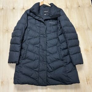 Marmot Coat Womens Large Black Down Puffer Long Quilted Full Zip Winter Outdoor
